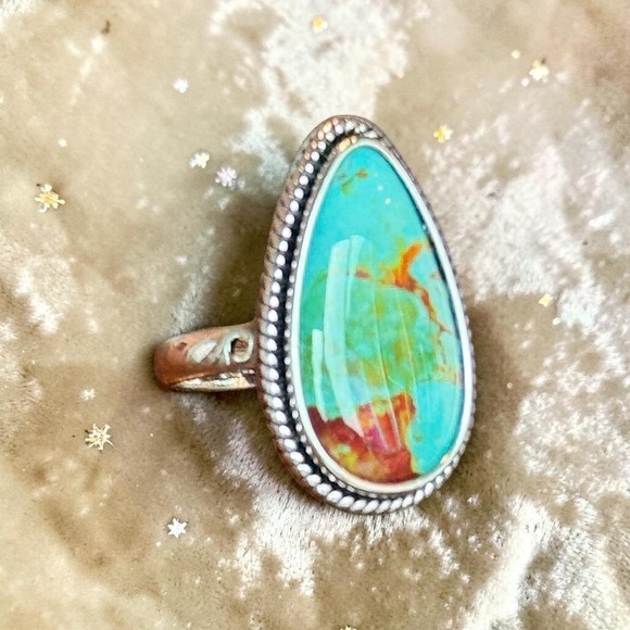Molliwater Jewelry - New Size 8 Turquoise Teardrop Silver Statement Ring Western Native Desert Glam